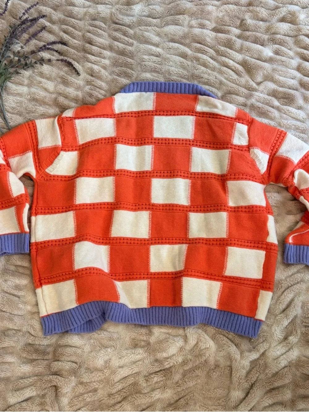 Davi & Dani Orange and Cream Checkered Cardigan with Lavender Trim Large - Picture 4 of 5